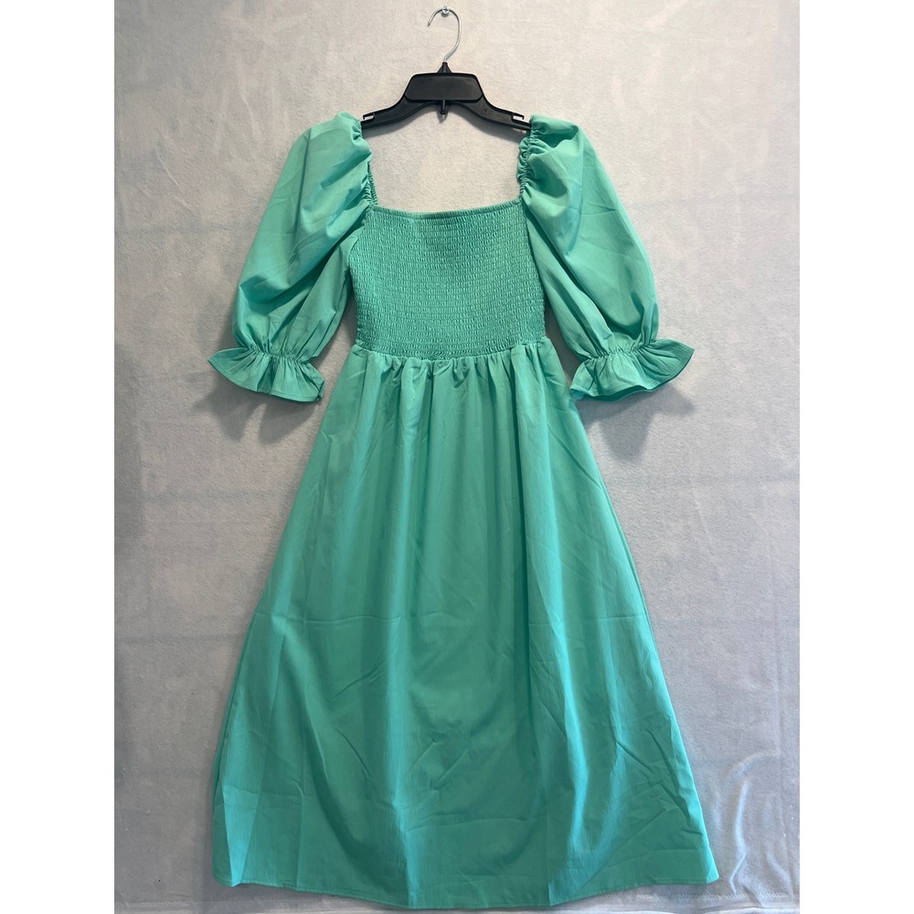 Smocked Bodice Dress Puff Sleeve‎ Midi Dress Green Casual Cute